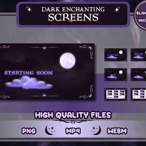 Verzaubernde dunkle Stream Screens / Gothic Nachthimmel Animierte Screens und Ablaufplan für Twitch / Sterne, Mond und Lila Wolken