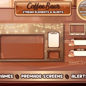 May include: A set of brown and beige Twitch stream overlays with a coffee bear theme. The overlays include frames, premade screens, and alerts. The text "Coffee Bear" is at the top of the image. The text "Stream Elements & Alerts" is below the text "Coffee Bear". The text "Decorations and Backgrounds Included!" is in a circle at the top right of the image. The text "CHAT" is in a white box with a brown border. The text "New Bits" is in a white box with a brown border. The text "FRAMES PREMADE SCREENS ALERTS" is at the bottom of the image.