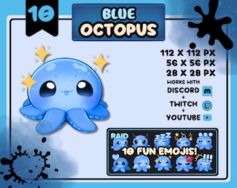 Adorabili emoticon di polpo blu / Fantastiche emoji per Discord, Twitch e Youtube / Set di emoticon di polpo carine e divertenti per i temi Blue Ocean