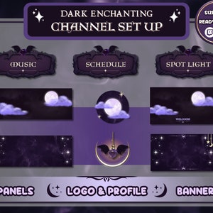 Dark Enchanting Channel Set Up / Twitch & Youtube Stream / Panels, Banners, Profile Icons / Charming Gothic Bat Starry Moon Night Sky Theme