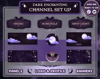 May include: A set of purple and black Twitch channel graphics with a dark enchanting theme. The graphics include panels, banners, a logo, and profile picture. The graphics feature a crescent moon, stars, and clouds.