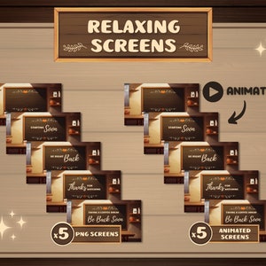 May include: Five animated and five static screens for streaming. The screens feature a chalkboard with different messages, including "Starting Soon", "Be Right Back", "Thanks for Watching", and "Taking a Coffee Break, Be Back Soon".