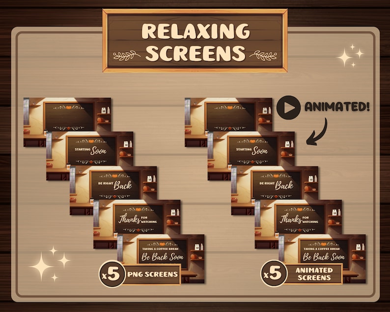 May include: Five animated and five static screens for streaming. The screens feature a chalkboard with different messages, including "Starting Soon", "Be Right Back", "Thanks for Watching", and "Taking a Coffee Break, Be Back Soon".