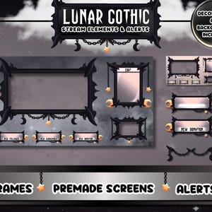 May include: A set of gothic-themed Twitch stream overlays with a black and gold color scheme. The overlays include frames, premade screens, and alerts. The text "LUNAR GOTHIC" is at the top of the image.