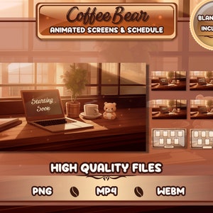 Pode incluir: Ecrãs animados e cronograma para uma cafeteria com um urso marrom como mascote. Os ecrãs mostram um laptop com o texto "Starting Soon" e uma xícara de café. Também estão incluídos ecrãs em branco. Os arquivos estão disponíveis nos formatos PNG, MP4 e WEBM.