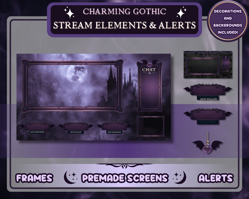 Gothic Twitch Stream Elements & Alerts / Cute Spooky Black Bat Purple ...