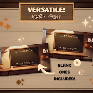 May include: A digital illustration of a bakery interior with a chalkboard sign. The chalkboard is blank and has a pumpkin design. The text "BLANK ONES INCLUDED!" is below the image. The text "VERSATILE!" is in a wooden sign at the top of the image.