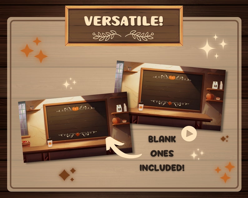May include: A digital illustration of a bakery interior with a chalkboard sign. The chalkboard is blank and has a pumpkin design. The text "BLANK ONES INCLUDED!" is below the image. The text "VERSATILE!" is in a wooden sign at the top of the image.