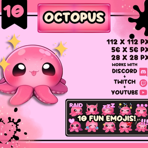 Entzückende Oktopus Emojis / Tolle Emotes für Discord, Twitch und Youtube / Niedliches und Lustiges Pinkes Oktopus Emote Set / Perfekte Geschenke und Giveaways