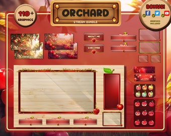 May include: A set of 110+ stream graphics featuring an orchard theme. The graphics include a red background with a wooden frame, a large wooden sign with the text "ORCHARD STREAM BUNDLE", and various other graphics such as a starting soon screen, a new follower alert, a new subscriber alert, and a new donation alert. The graphics also include a variety of apple-themed emojis.