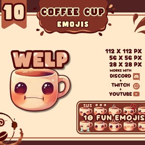 Può includere: Un set di 10 emoji a forma di tazza di caffè con diverse espressioni, tra cui "welp", "sus" e "piangendo". Le emoji sono disegnate in stile cartone animato con colori marrone, beige e rosso. Il testo "10 FUN EMOJIS!" è visualizzato sotto le emoji. Le emoji sono disponibili in tre dimensioni: 112 x 112 pixel, 56 x 56 pixel e 28 x 28 pixel. Sono compatibili con Discord, Twitch e YouTube.
