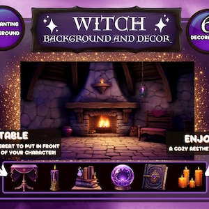 Cozy Witch Background and Stream Decorations / Customizable! / Beautiful Magical Display Fun Decor for Halloween / Cute Purple Vtuber Assets
