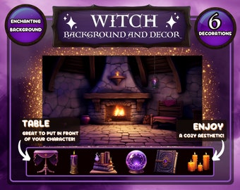 Witch Background and Stream Decorations / Customizable! / Beautiful Magical Display Fun Decor for Halloween / Cute Cozy Purple Vtuber Assets