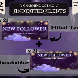 Peut inclure: Graphique numérique avec le texte "Charming Gothic Animated Alerts". L'image présente deux modèles d'alerte "New Follower" avec un schéma de couleurs violet et or, ainsi que des nuages et des étoiles. Le texte "42 Alerts" et "Complete Bundle!" est également inclus.