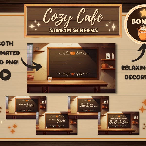 Cute Cozy Cafe Animated Screens / Great Background for PNGtubers, Vtubers, Twitch Streamers / Warm Autumn Stream / Coffee Shop Pumpkin Spice