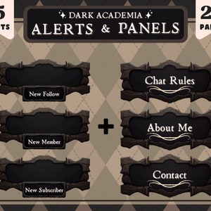 Dark Academia Twitch Alerts and Panels / Beautiful Gothic Wood Framed Stream Assets / Cute Anime Style Art for Streamers, Vtubers, PNGtubers
