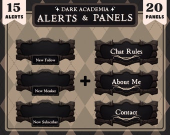 Dark Academia Twitch Alerts and Panels / Beautiful Gothic Wood Framed Stream Assets / Cute Anime Style Art for Streamers, Vtubers, PNGtubers