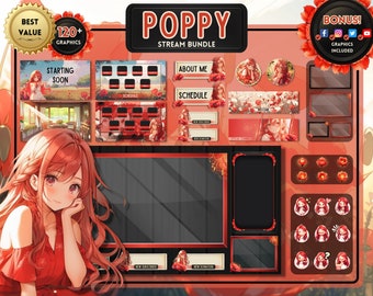 ULTIMATE ~Poppy~ Streaming Bundle / Twitch Streamer Overlays, Frames, Badges, Emojis / Cute Red Cottagecore Floral Anime Theme