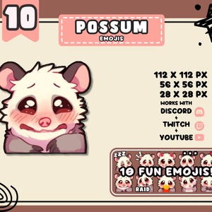 Może przedstawiać: Grafika cyfrowa z emotikonem oposa z zarumienionymi policzkami i smutnym wyrazem twarzy. Obraz zawiera tekst "POSSUM EMOJIS" i "10 FUN EMOJIS!" wraz z informacjami o kompatybilności dla Discord, Twitch i YouTube.