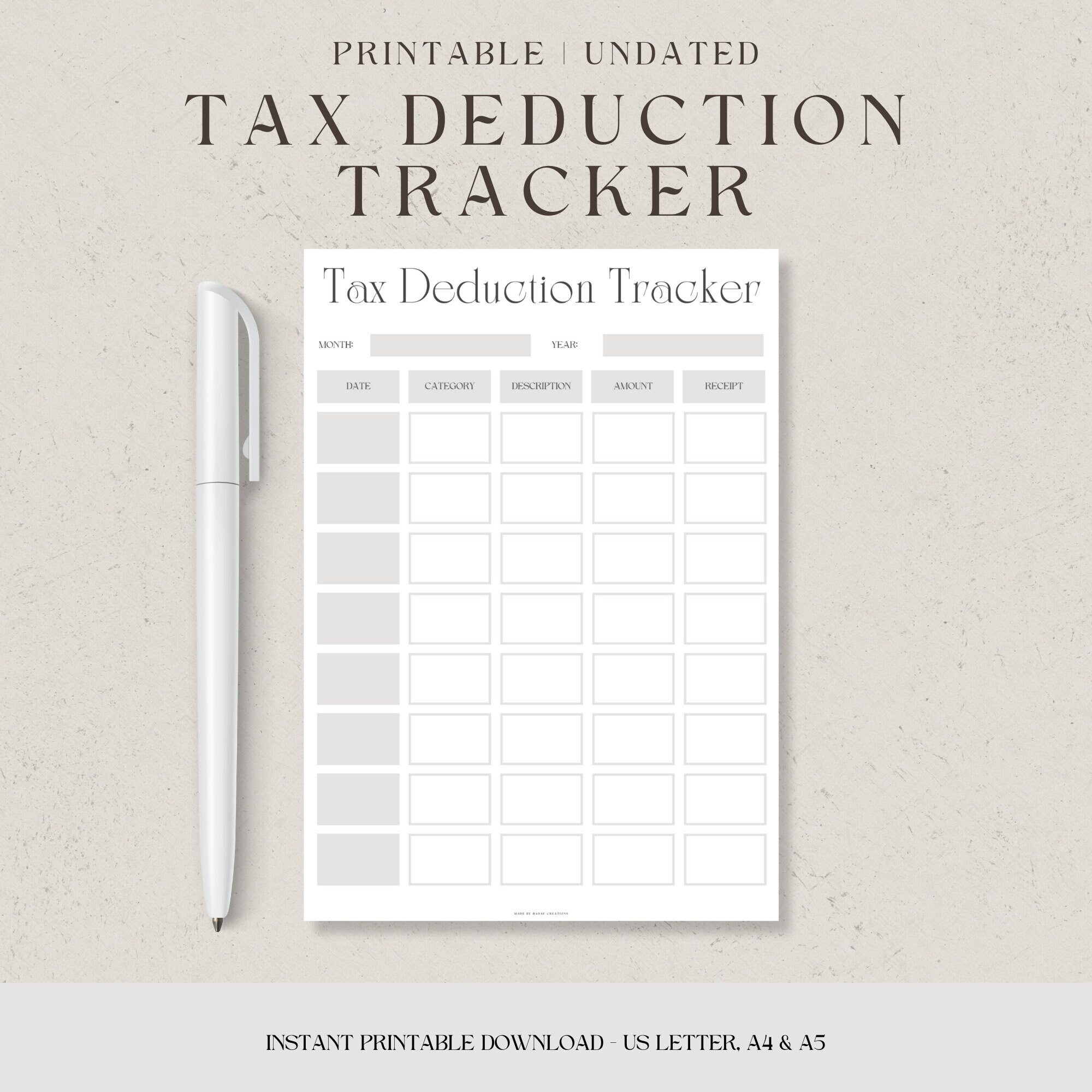 Tax deduction tracker printable business tax log tax organizer