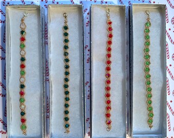 Handwoven Christmas Crystal Bracelet – Red, Green & Gold Jewelry