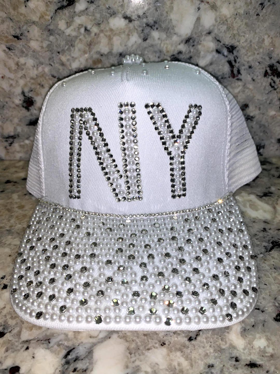 White Customizable Text Pearl Rhinestone Trucker Cap  display picture 1