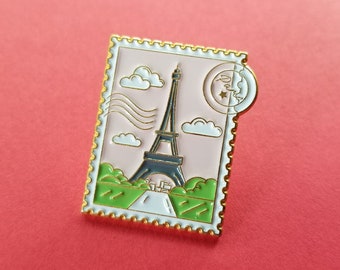 Paris Stamp Enamel Pins, Pink Stamp Lapel Pins, Paris Gifts, Paris Lovers Gifts for friend, Eiffel Tower Enamel Pin, Eiffel Tower Paris Gift