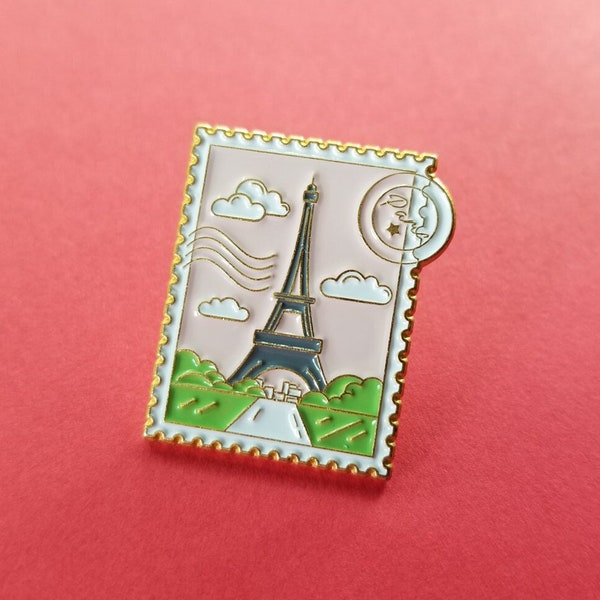 Paris Stamp Enamel Pins, Pink Stamp Lapel Pins, Paris Gifts, Paris Lovers Gifts for friend, Eiffel Tower Enamel Pin, Eiffel Tower Paris Gift