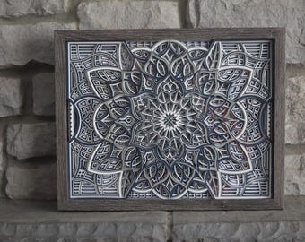 3D gelaagde mandala kunst aan de muur, handgemaakt papier gesneden Shadowbox, geometrische mandala decor, ingelijste papierkunst 8 x 10 of 11 x 14
