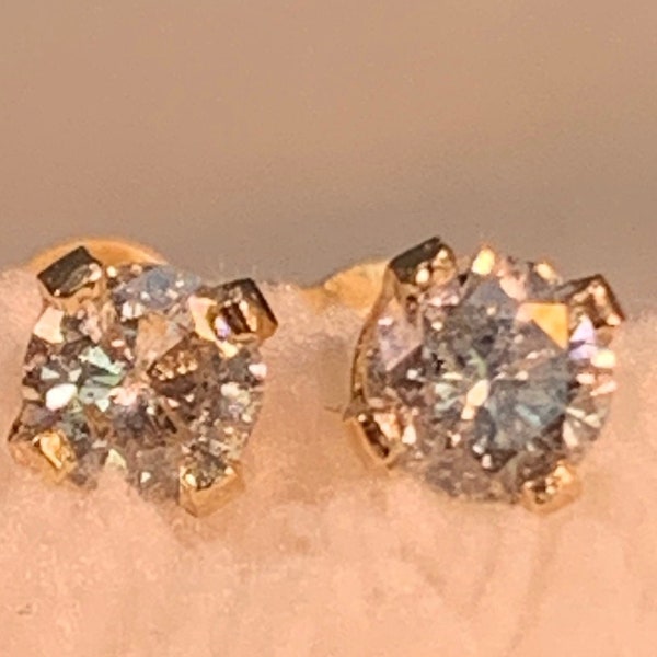 Light Silver Diamond Studs 14K Yellow Gold-Free Shipping USA