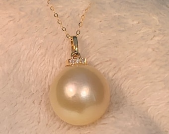 South Sea Gold Pearl 18KYG Diamond Pendant & Necklace~Free Shipping