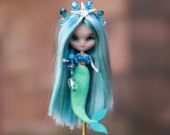 Blythe Petite mermaid custom with slip eyes OOAK, unique gift for collector, Art dolls, Mini Blythe doll, unique gift for her