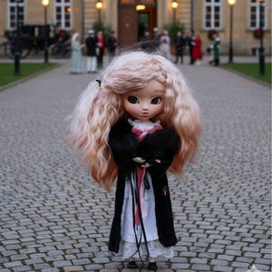 Può includere: Una bambola con lunghi capelli ondulati rosa chiaro è in piedi su un sentiero di ciottoli. La bambola indossa un cappotto nero con colletto in ecopelliccia sopra un vestito bianco con finiture in pizzo. Un grande edificio è sullo sfondo.