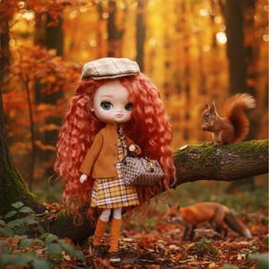 May include: A doll with red curly hair, wearing a plaid dress, brown jacket, and a cap, stands in a forest with autumn foliage. A squirrel sits on a branch, and a fox is in the background. The doll carries a patterned purse.