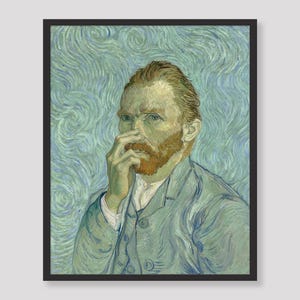 May include: Framed print of a self-portrait by Vincent van Gogh. The artwork features a man with a red beard and green eyes, wearing a blue suit. The background has swirling blue brushstrokes.