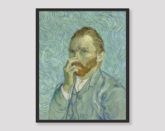 May include: Framed print of a self-portrait by Vincent van Gogh. The artwork features a man with a red beard and green eyes, wearing a blue suit. The background has swirling blue brushstrokes.