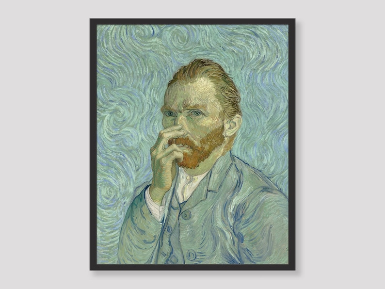 May include: Framed print of a self-portrait by Vincent van Gogh. The artwork features a man with a red beard and green eyes, wearing a blue suit. The background has swirling blue brushstrokes.