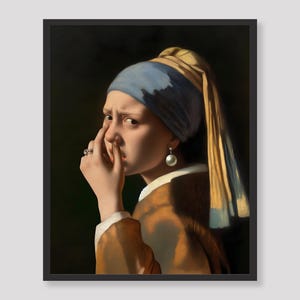 May include: A painting of a woman with a blue and yellow headscarf, wearing a pearl earring and a gold ring. She is looking to the side and has her finger to her nose.