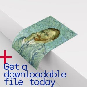 May include: A print of a painting featuring a portrait of a man with a red beard and a light blue suit. The background is a swirling pattern of blue and green. The text "Get a downloadable file today" is in blue.