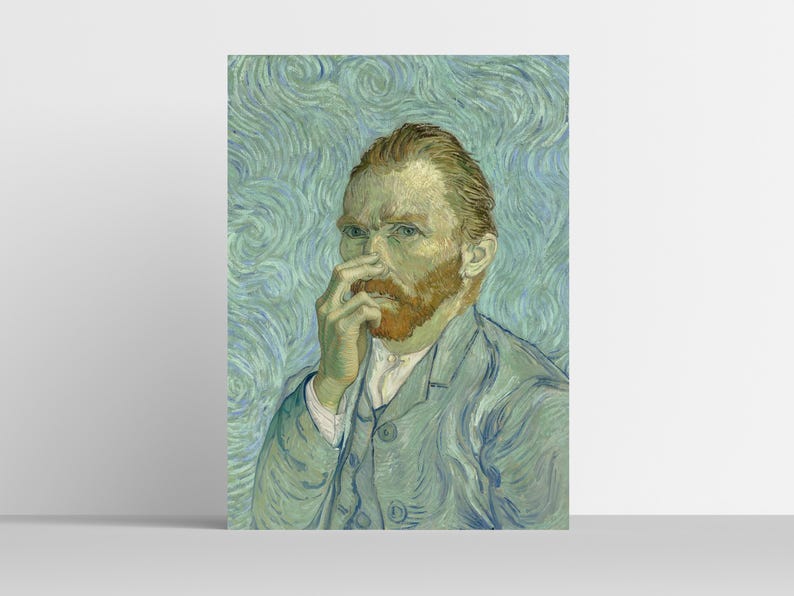 May include: A framed print of Vincent van Gogh's self-portrait. The artwork depicts a man with a red beard and yellow hair, wearing a blue suit. The background features swirling blue and green brushstrokes.