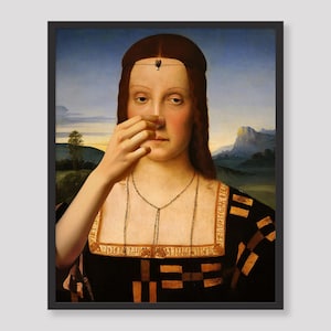 May include: A painting of a woman with long brown hair wearing a black and gold dress. She is holding her hand to her nose and has a serious expression on her face.