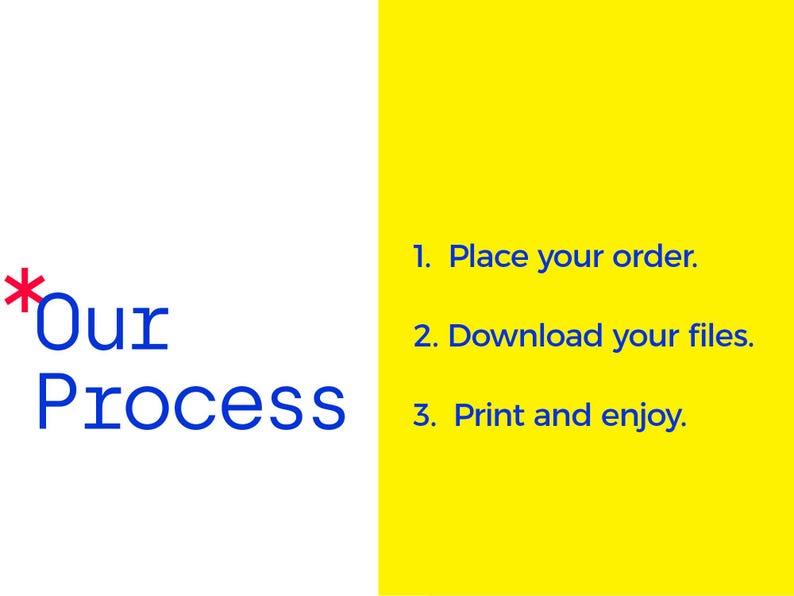 May include: Image with text: "Our Process" in blue font with a red asterisk. The steps are: 1. Place your order. 2. Download your files. 3. Print and enjoy. The background is white and yellow.
