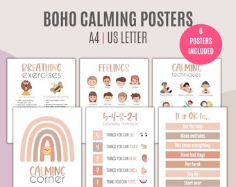 6 Calming Posters | Educational Printables | Calming Corner Set | Boho Classroom Decor| Feelings Chart | Breathing Techniques For Kids