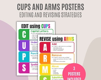Cups and Arms Writing Strategy Posters | Editing and Revising Posters | Writing Strategy English Language Posters | Bright Class Resources