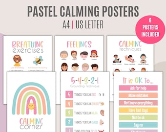 6 Calming Posters | Educational Printables | Calming Corner Set | Pastel Classroom Decor| Feelings Chart | Breathing Techniques For Kids