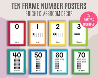 Bright Ten Frame Number Posters | Bright Rainbow Colours | Number Wall Posters | Educational Class Decor | Math Printable | Instant Download