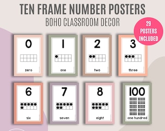 Boho Number Posters | Printable Ten Frames | Boho Neutral Colours | Number Wall Poster | Classroom Decor | Math Printable | Instant Download
