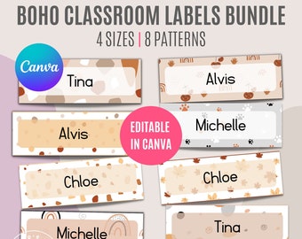 Editable Classroom Labels | Canva Template | Boho Classroom | Rectangle labels | Neutral Boho Labels | Editable Name Tags | Printable Labels