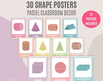 3D Shapes Poster Set | 3D Objects | Pastel Classroom Decor | Printable Shape Posters | Pastel Colours | Math Printables