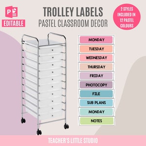 Boho Regenbogen Lehrer Trolley Etiketten | 10 Schubladen Rollwagen Etiketten | Bearbeitbare Klassenzimmer-Etiketten | Pastell Klassenzimmer Dekor | Büroorganizer